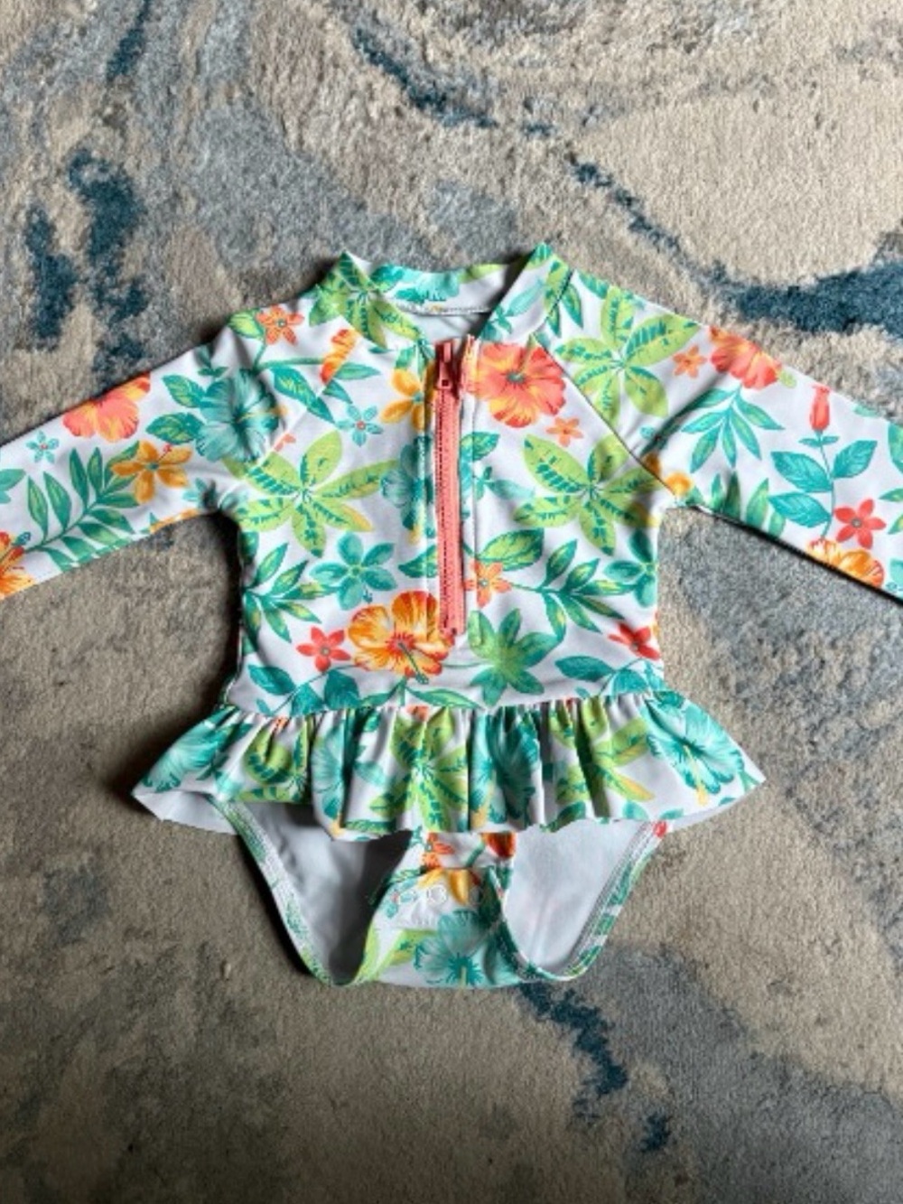 Little Me White Floral Ruffle Long-Sleeve One-Piece Swimsuit